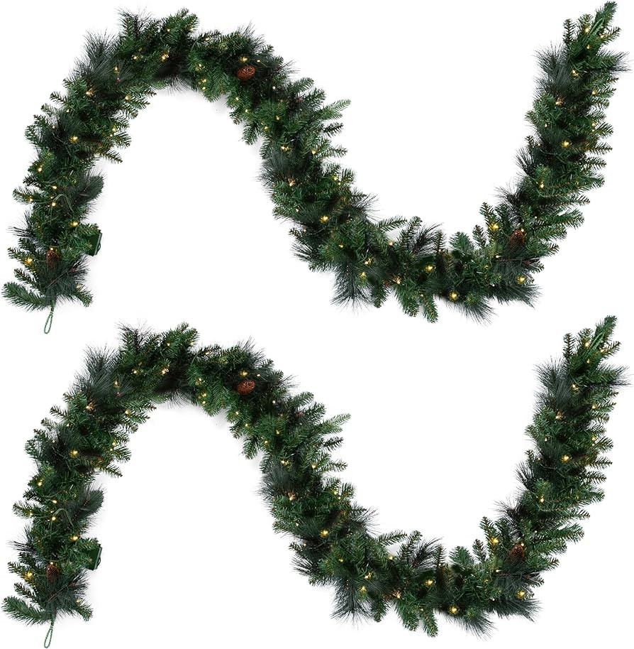 Papyrus 2 Pack of 9 ft Pre-Lit Carolina Pine Garland, Artificial, Pine Cones, Warm White Light, B... | Amazon (US)