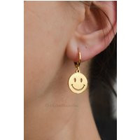 Gold Smiley Face Charm Earrings Jewelry ・ Emoji Solid Hoop Joy Waterproof Gift Personalized Handmade Christmas Happy Day Girl | Etsy (US)