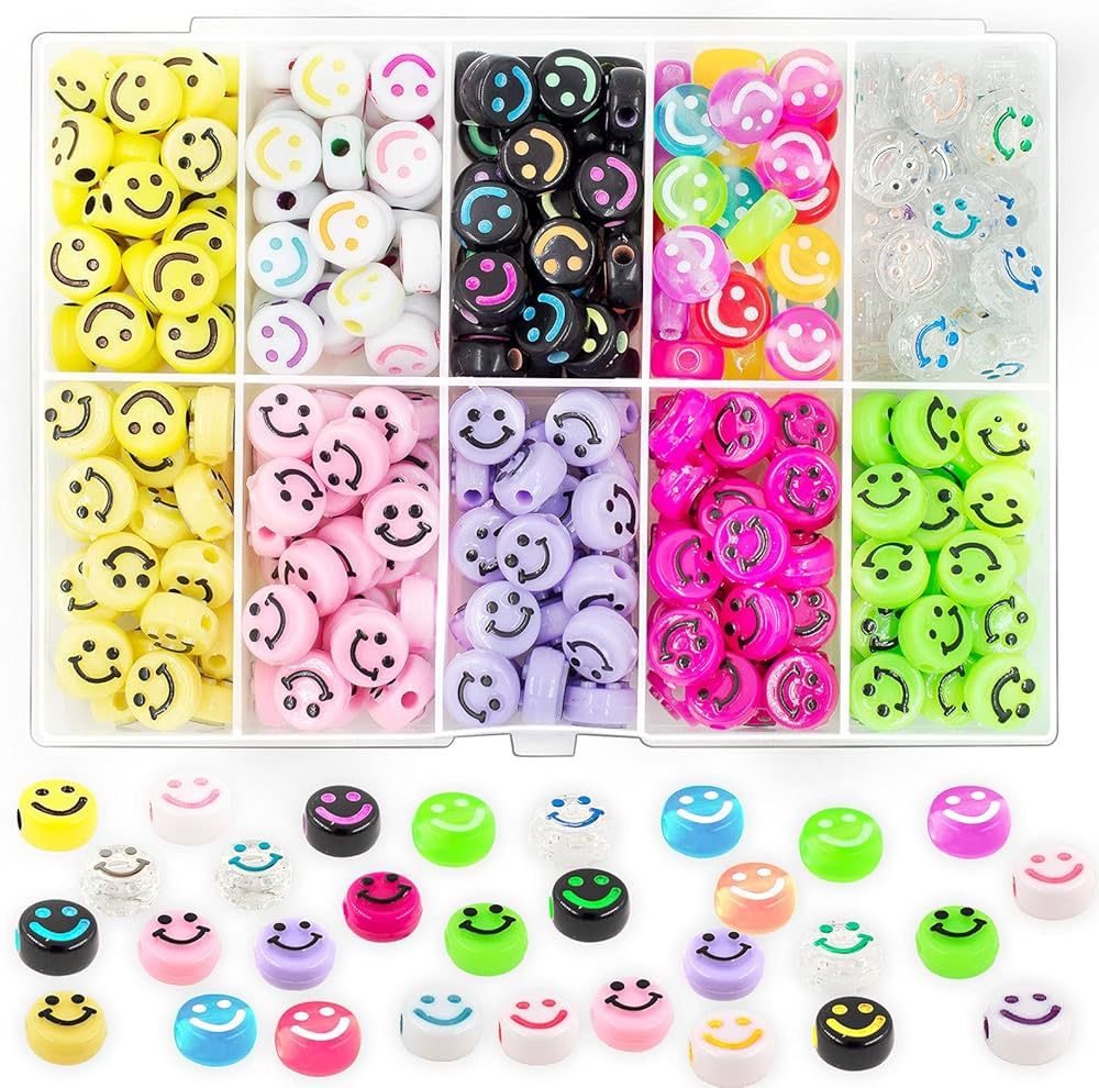 300PCS Smile Face Beads, 10mm Acrylic Round Smile Happy Face Loose Spacer Beads for Jewelry Makin... | Amazon (US)