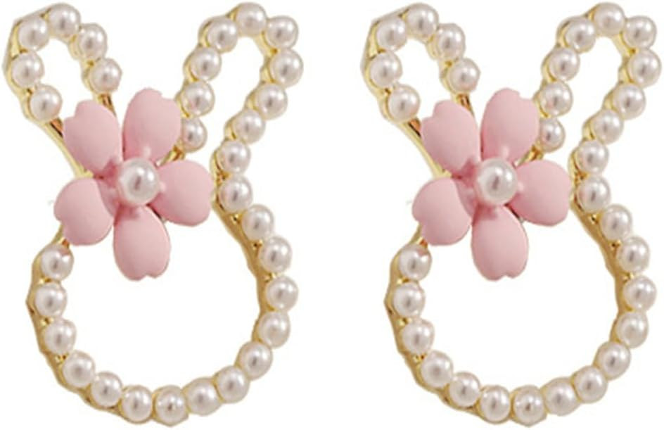 Easter Cute Tiny Rabbit Stud Earrings for Women Lovely Cartoon Pink Daisy Flowers Hollow White Sh... | Amazon (US)