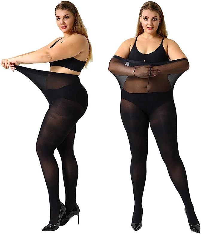 MANZI Women's 2 Pairs Control Top Pantyhose High Waist Plus Size Tights Ultra-Soft | Amazon (US)