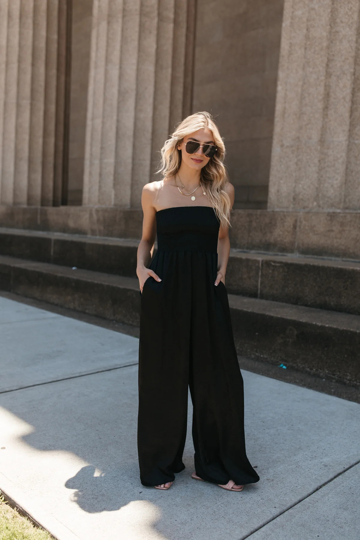 Kara Black Smocked Jumpsuit | The Post