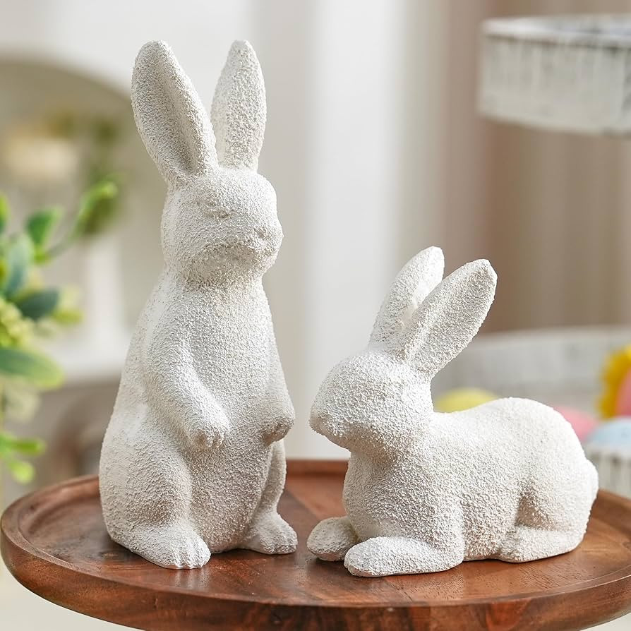 Easter Bunny Decor, Resin Rabbit Figurines Set of 2, White Bunny Statues for Rustic Easter Decora... | Amazon (US)