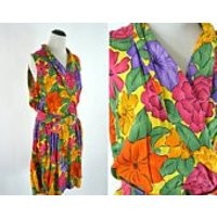Orange  Purple Tropical Print Romper  Belted Bright Floral Jumpsuit  Vintage  80s Cotton Summer Jumper  Grunge  Pin Up  Size Large | Etsy (US)