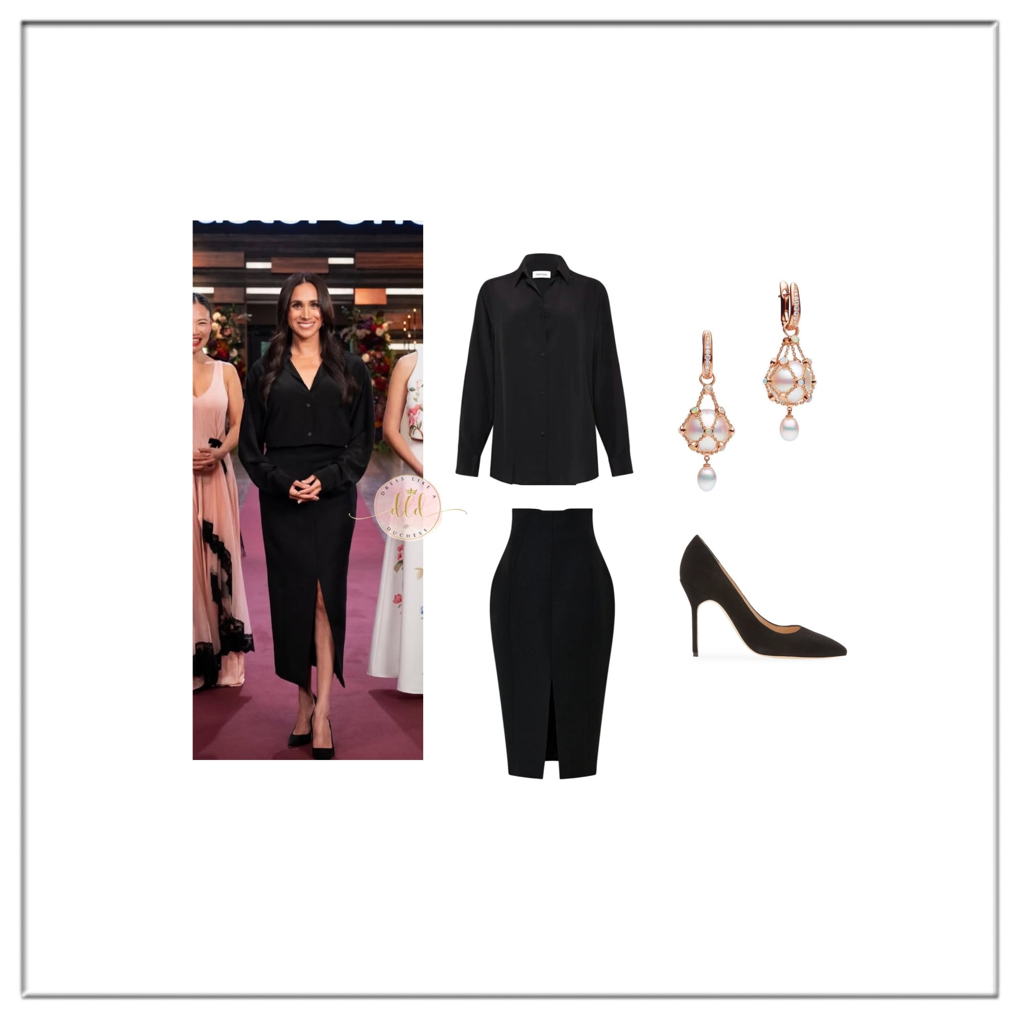 Meghan Markle Appears on Top Chef Australia wearing a blouse by Matteau, a skirt by Camila and Marc, and Manolo Blahnik heels 