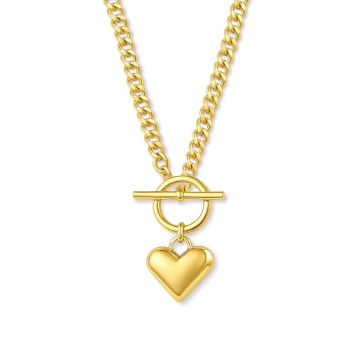 Zeffy Gold Chunky Puffy Heart Pendant Necklaces for Women Big Heart Chain Link Necklace Toggle Clasp Heart Charm Necklaces Birthday Christmas Gifts for Women Jewelry | Amazon (US)