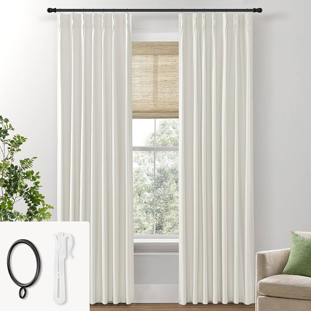 SHINELAND Black Out 96 Inch Curtains Long 2 Panel Set,Pinch Pleated Memory Shaped Cream Linen Bla... | Amazon (US)