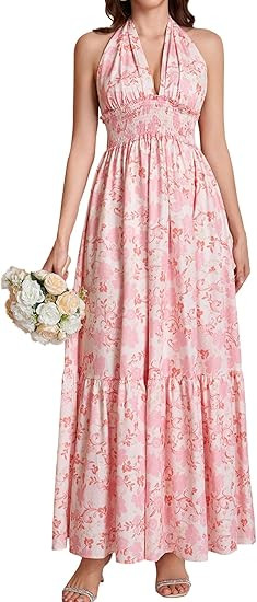 Colysmo Halter Floral Maxi Dress Long Flowy Sexy V Neck Beach Wedding Guest Dresses for Women Sum... | Amazon (US)