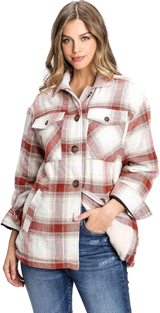 Love Tree Women's Cozy Soft Sherpa Coat Plaid Shacket | Amazon (US)