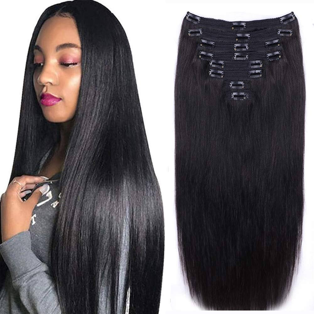 Straight Human Hair Clip in Hair Extensions for Black Women 100% Unprocessed Full Head Brazilian ... | Amazon (US)