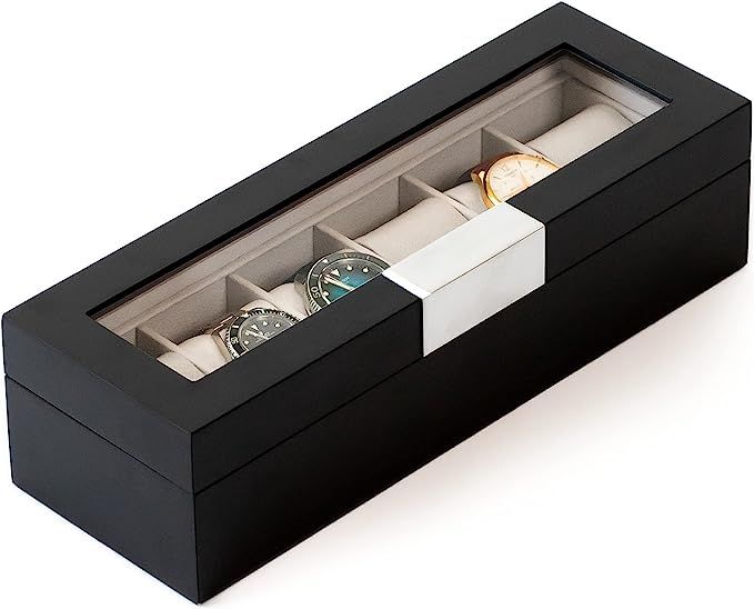 CASE ELEGANCE Modern 6-Slot Wooden Watch Box with Metal Clip and Real Glass Black | Amazon (US)