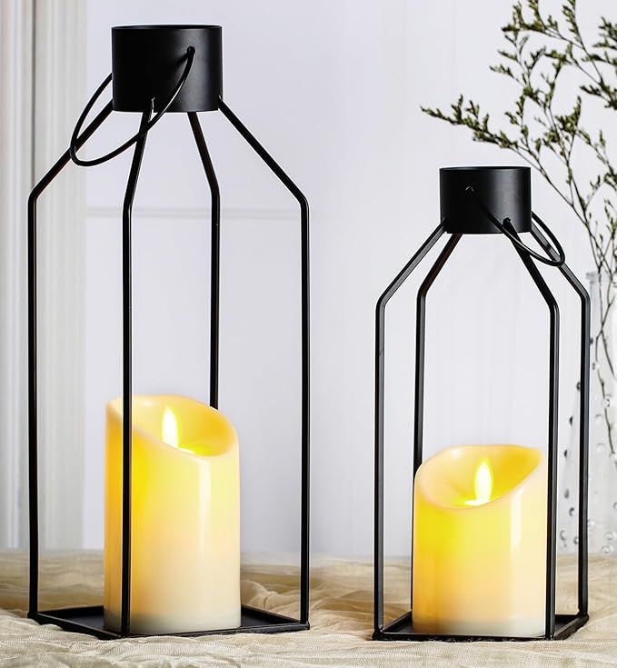 NITIME 2PCS 12/15'' Modern Farmhouse Lantern Decorative(No Glass) for Christmas-Black Metal Outdo... | Amazon (US)