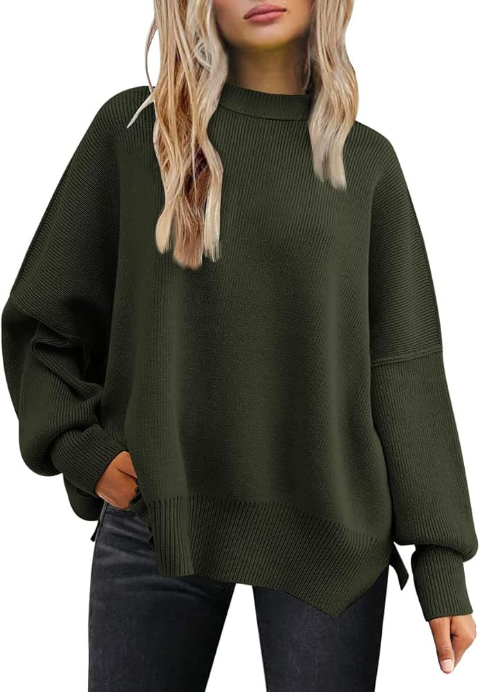 Women's Crewneck Batwing Long Sleeve Sweater 2023 Fall Oversized Ribbed Knit Side Slit Pullover T... | Amazon (US)