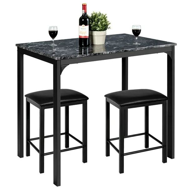 Costway 3 Piece Counter Height Dining Set Faux Marble Table 2 Chairs Kitchen Bar Black | Walmart (US)