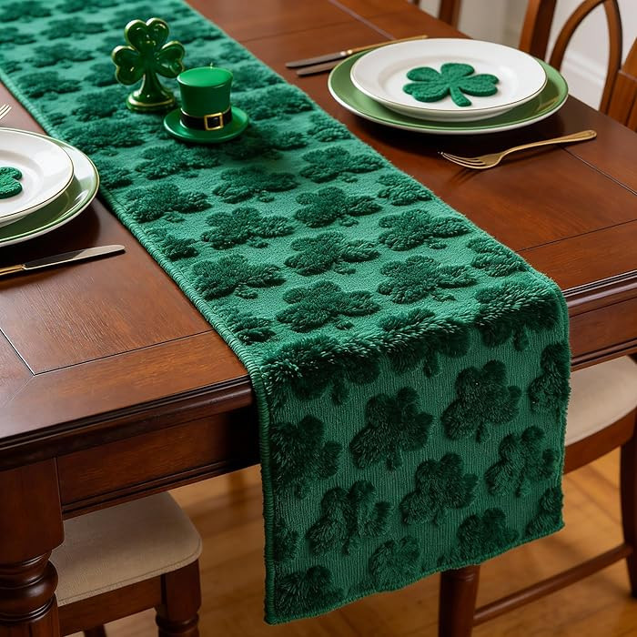 Shamrock Soft Plush Faux Fur Jacquard St. Patrick's Day Table Runner, Spring Irish Holiday Green ... | Amazon (US)