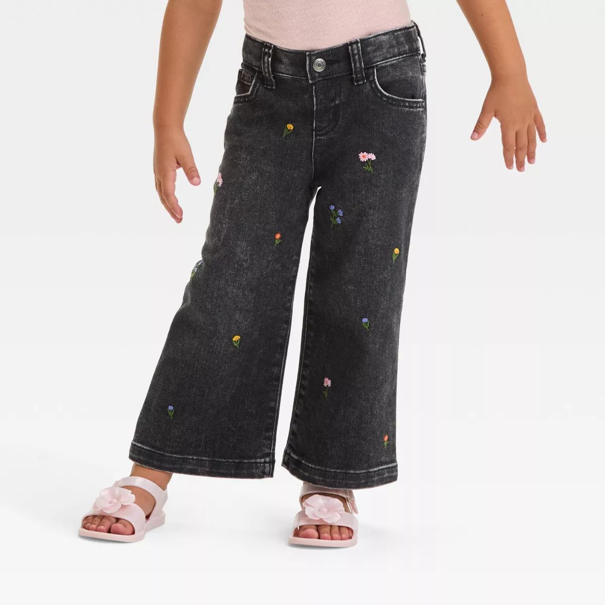 Toddler Girls' Floral Embroidery Wide Leg Denim - Cat & Jack™ Black | Target