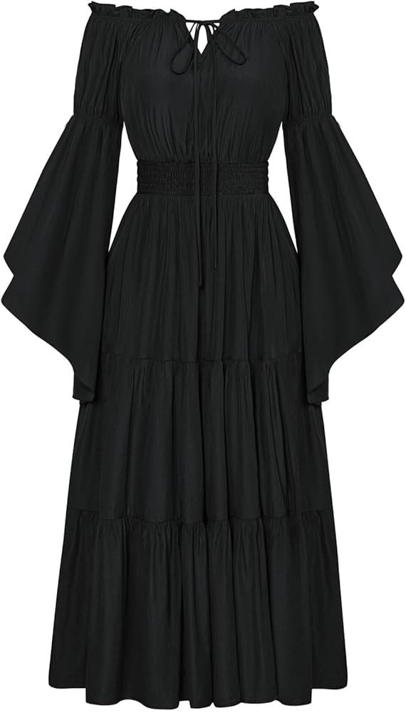Scarlet Darkness Renaissance Costume Women Off Shoulder Bell Sleeve Tiered Maxi Dress | Amazon (US)