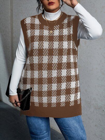 Plus Plaid Pattern Sweater Vest Without Tee | SHEIN