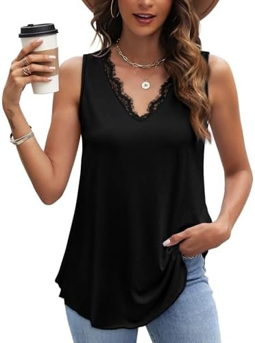 WIHOLL Women's Loose Fit V Neck Lace Sleeveless Summer Tank Top | Amazon (US)