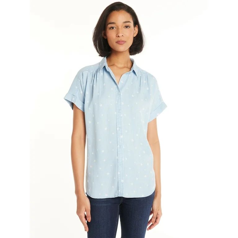 Time and Tru Women's Button Down Camp Shirt with Roll Cuff Sleeves, Sizes XS-XXXL | Walmart (US)