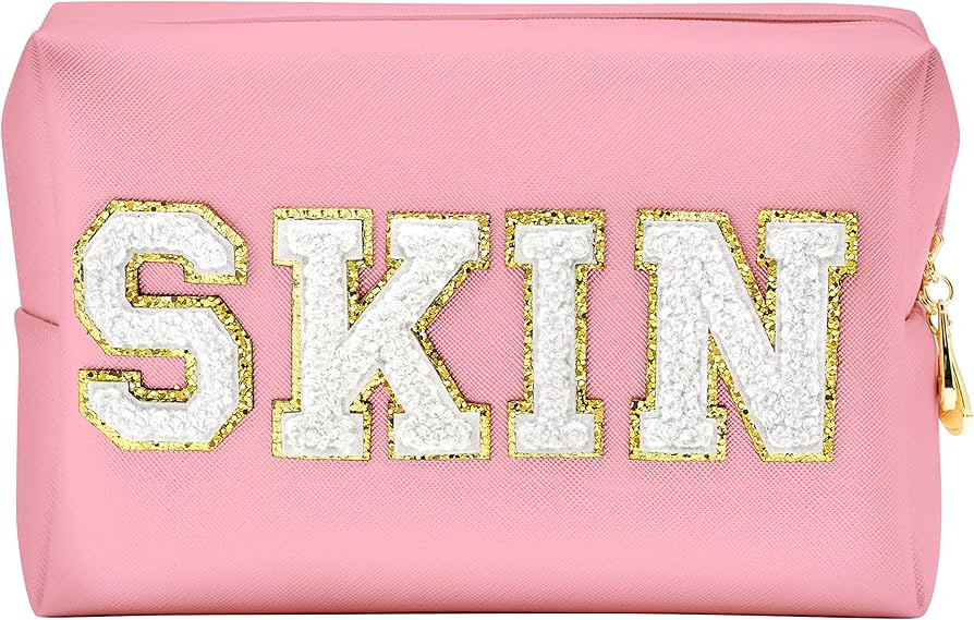 Y1tvei Preppy Patch SKIN White Letter Pink Cosmetic Toiletry Bag PU Leather Portable Makeup Bag D... | Amazon (US)