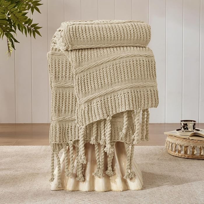 Boho Knitted Chenille Blanket with Tassels - Lightweight & Soft All-Season Throw - 3D Classic Pat... | Amazon (US)