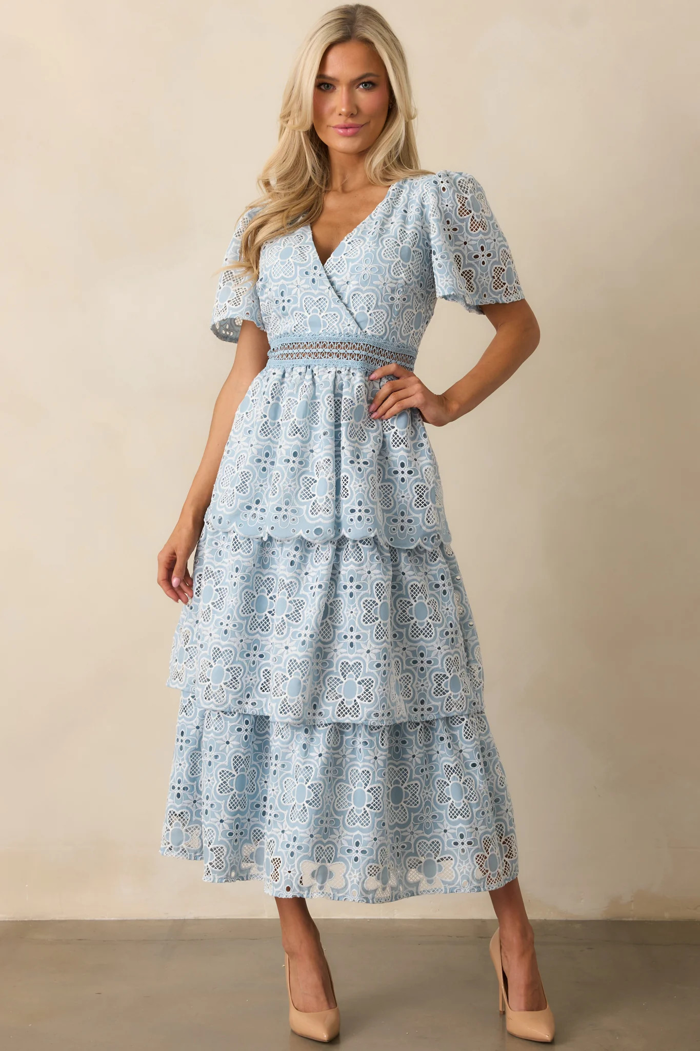 Attending A Gala Blue Floral Embroidered Midi Dress | Red Dress