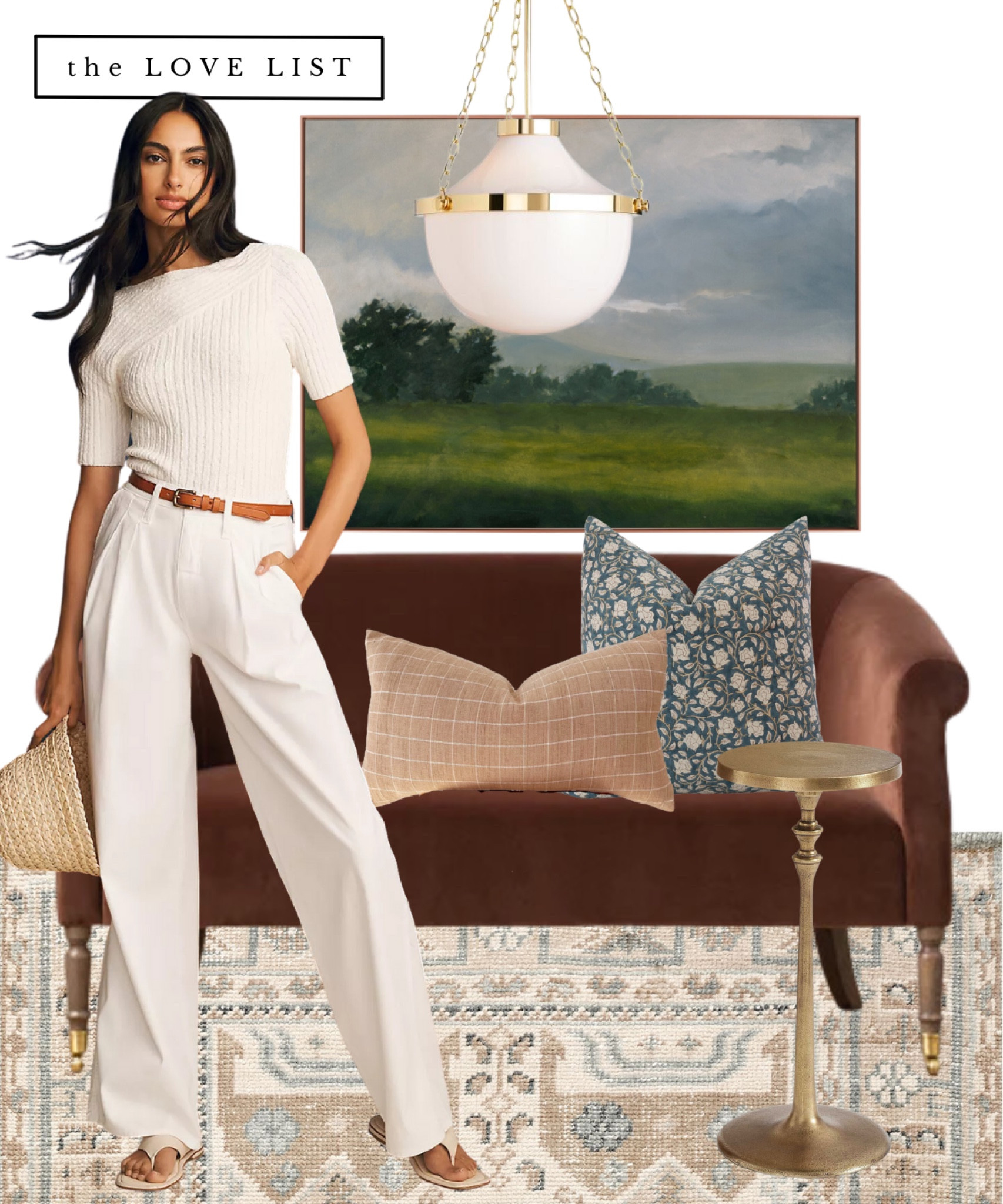 Living room decor ideas // velvet settee, linen throw pillows, landscape art, pendant light, hand knitted rug, cream summer outfit 

#LTKxAnthro #LTKSeasonal #LTKhome