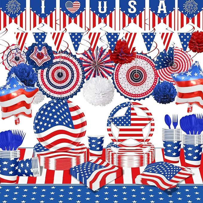 4th of July Party Supplies Decorations Paper Plates Napkins Cups Tablecloth Banner American Flags... | Amazon (US)