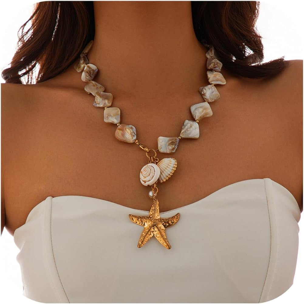 Starfish Shell Necklaces for Women Trendy Summer Boho Seashell Pendant Beach Necklace Gold Charm ... | Amazon (US)