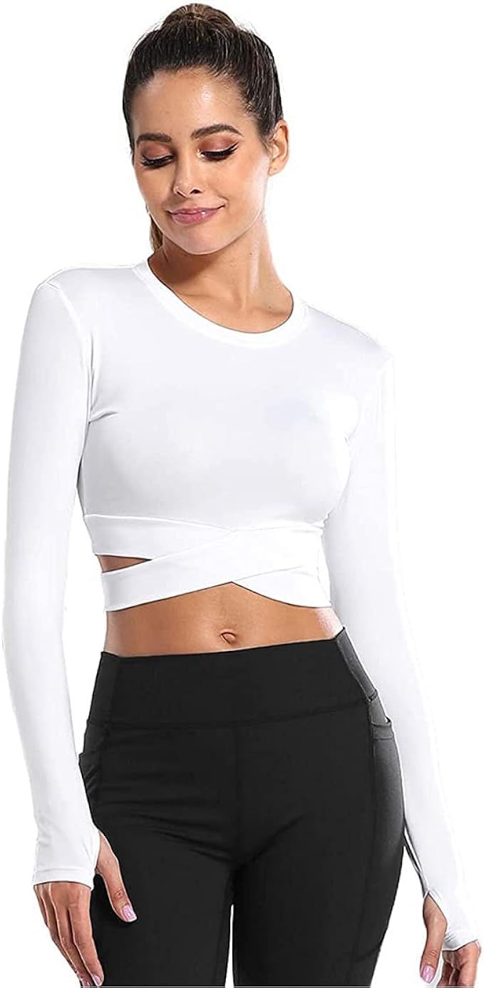 Women Workout Crop Tops Tummy Cross Sport Shirt Athletic Yoga Gym Activewear Tops | Amazon (US)