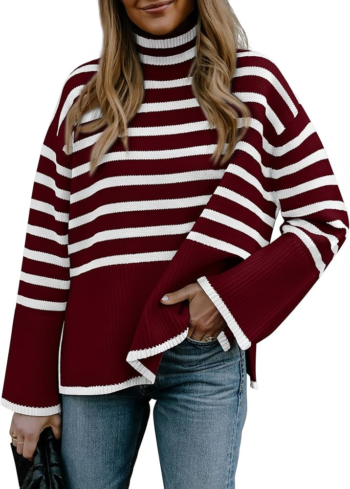 BTFBM Women Casual Turtleneck Striped Sweater 2024 Fall Winter Jumper Tops Long Sleeve Side Slit ... | Amazon (US)