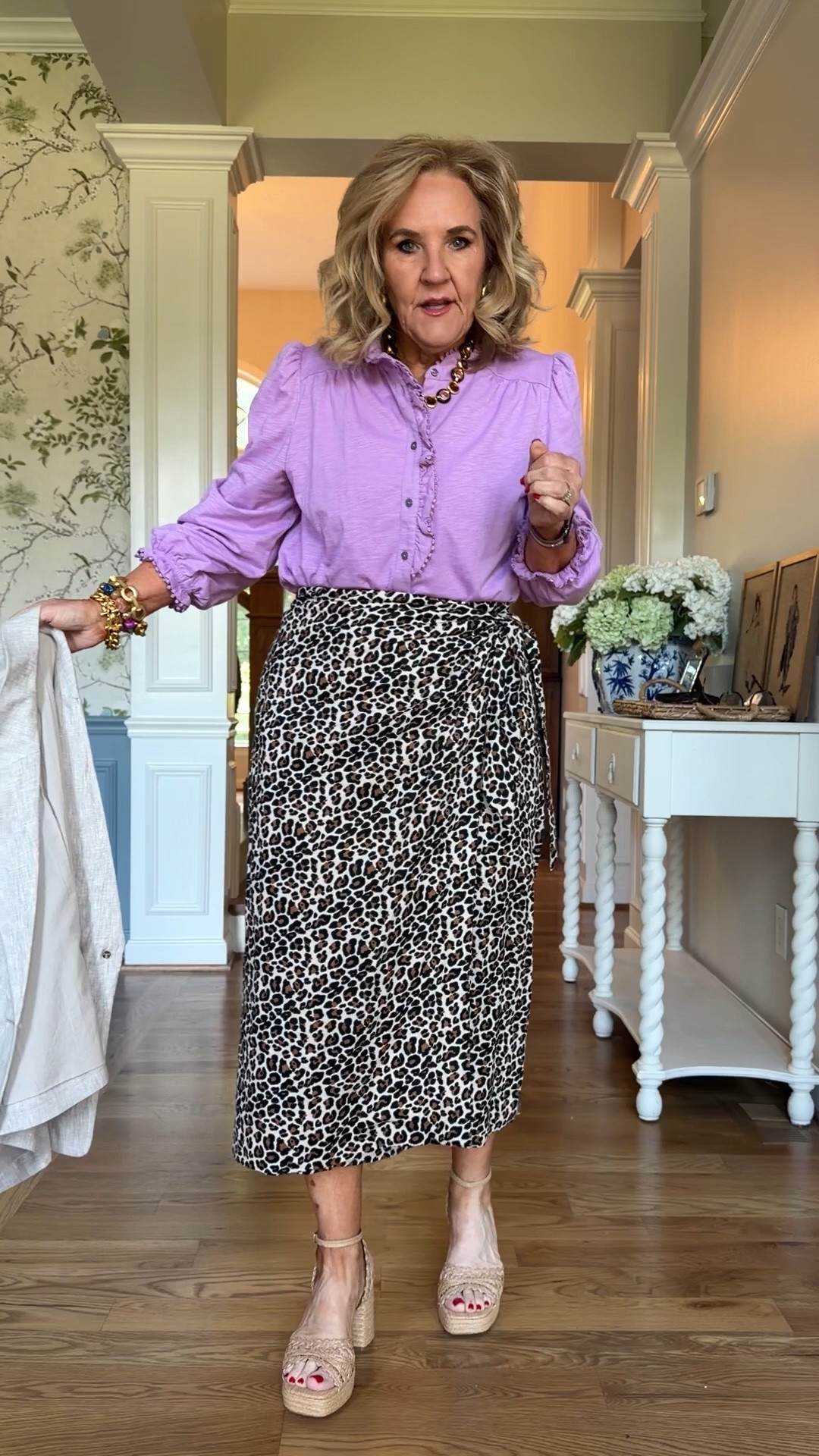 Boden linen wrap skirt size 8 petite 
Knit blouse size 10
Blazer size medium 
Work outfit church outfit

#LTKOver40 #LTKootd #LTKWorkwear