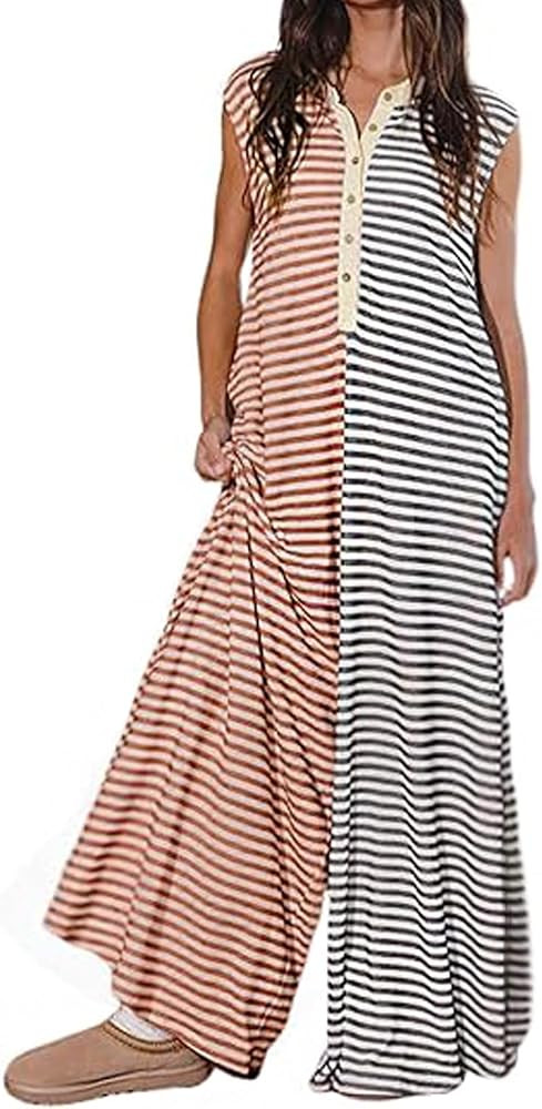 Women's Casual Loose Button Down Striped Jumpsuit Sleeveless Wide Leg Pants Comfy Rompers Baggy O... | Amazon (US)