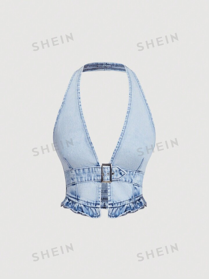 SHEIN MOD Women's Summer Casual Sleeveless Denim Halter Neck Blouse | SHEIN