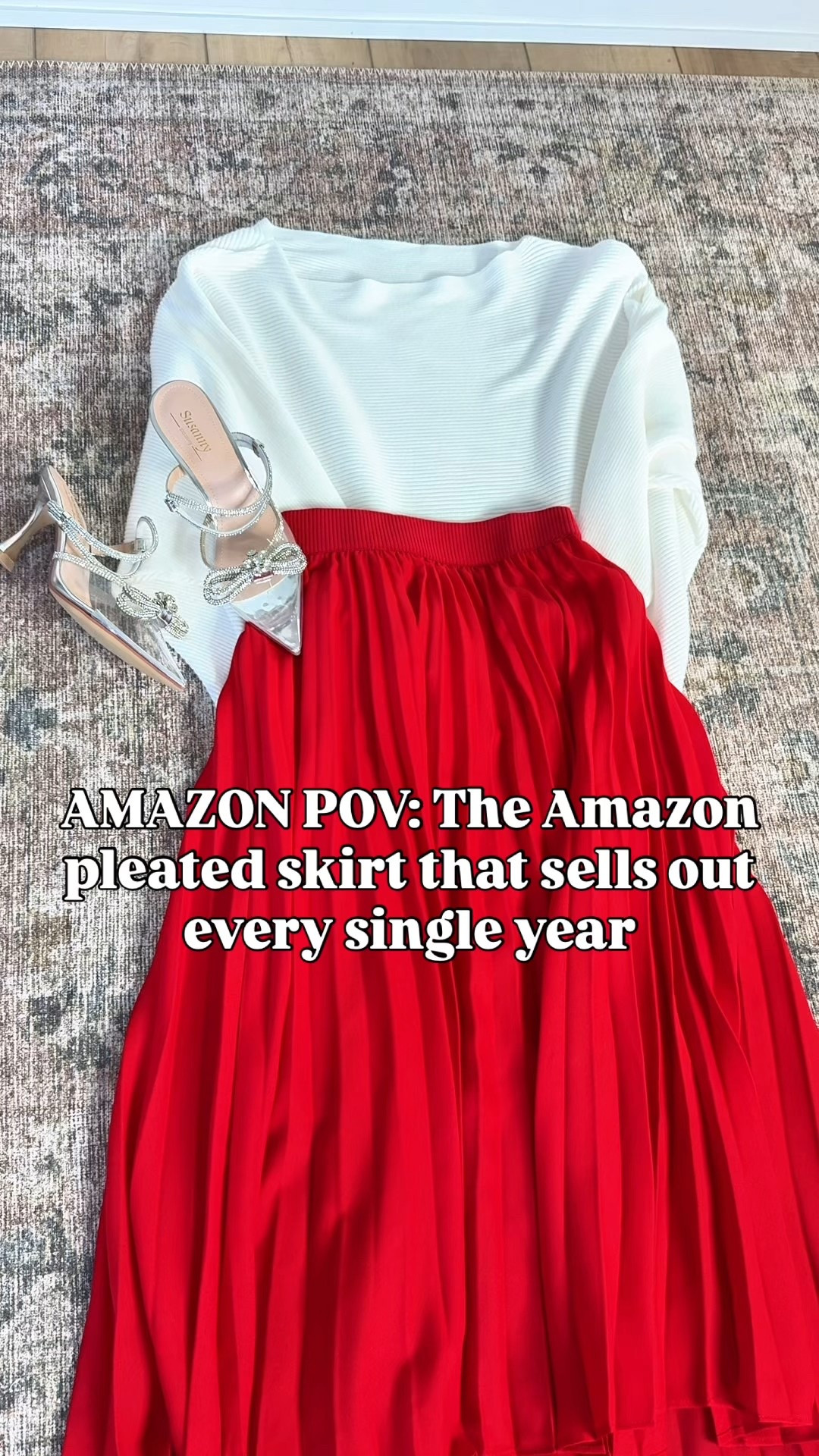 Christmas party outfit. Holiday party outfit. Christmas outfit. Love this Amazon pleated skirt (XS, exact one is first one linked)! This style is perfect for a holiday party. Pair it with a bodysuit or sweater and heels for a chic look. Also, don't forget a sparkly clutch! Bow heels are TTS. 

#LTKSeasonal #LTKHoliday #LTKWedding