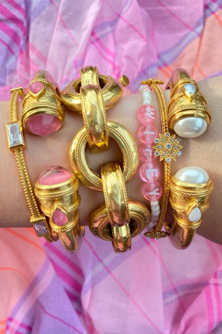 A pretty pink bracelet stack of #armcandy for summer! I love stacking bold, gold jewelry with a feminine touch  

#LTKSeasonal #LTKstyletip #LTKFind