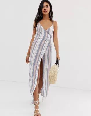 ASOS DESIGN Woven Stripe V Wrap Maxi Beach Dress | ASOS US