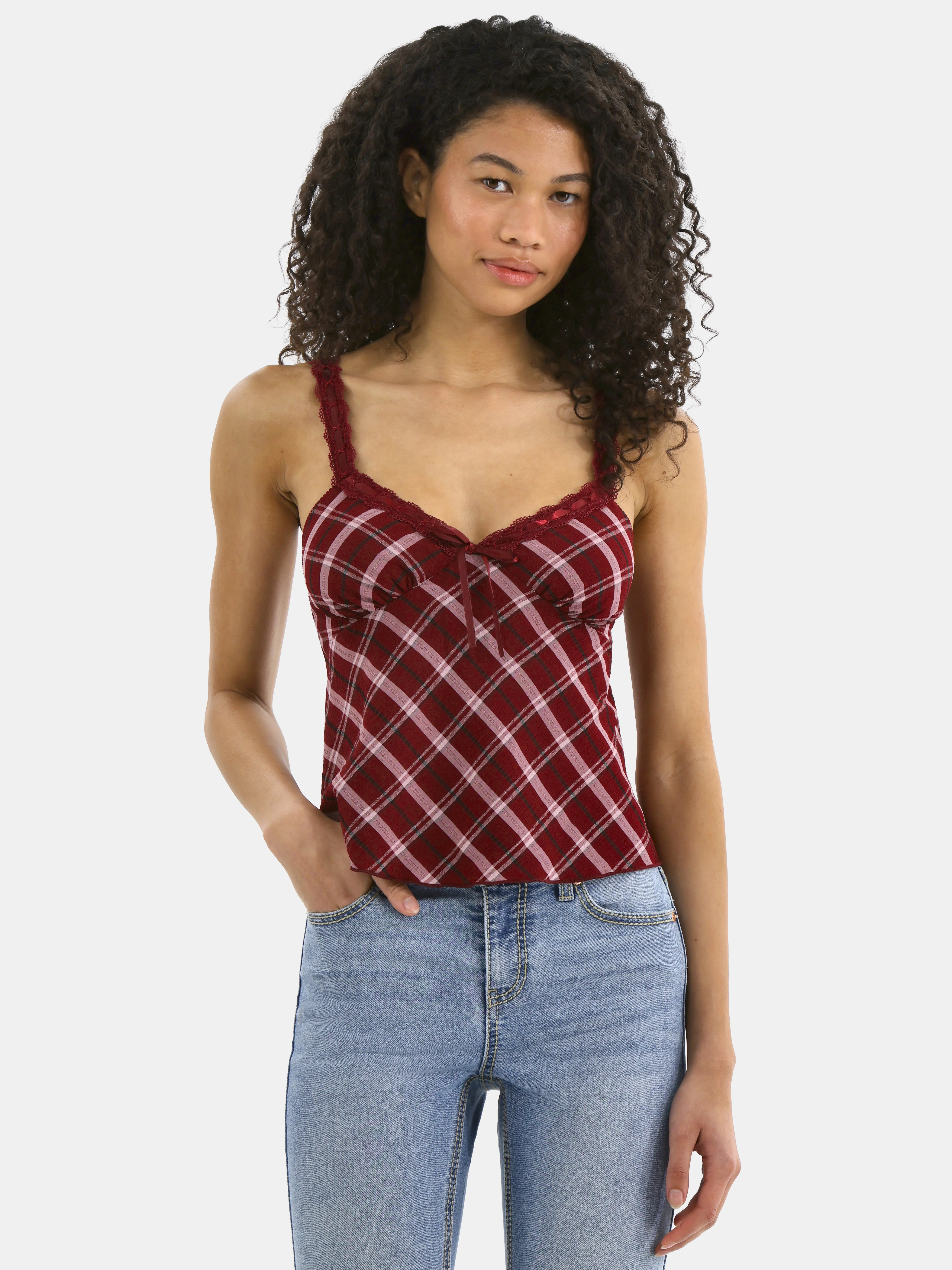 No Boundaries Woven Lace Plaid Cami, Women’s | Walmart (US)
