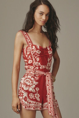 Farm Rio Linen Blend Belted Romper | Anthropologie (US)