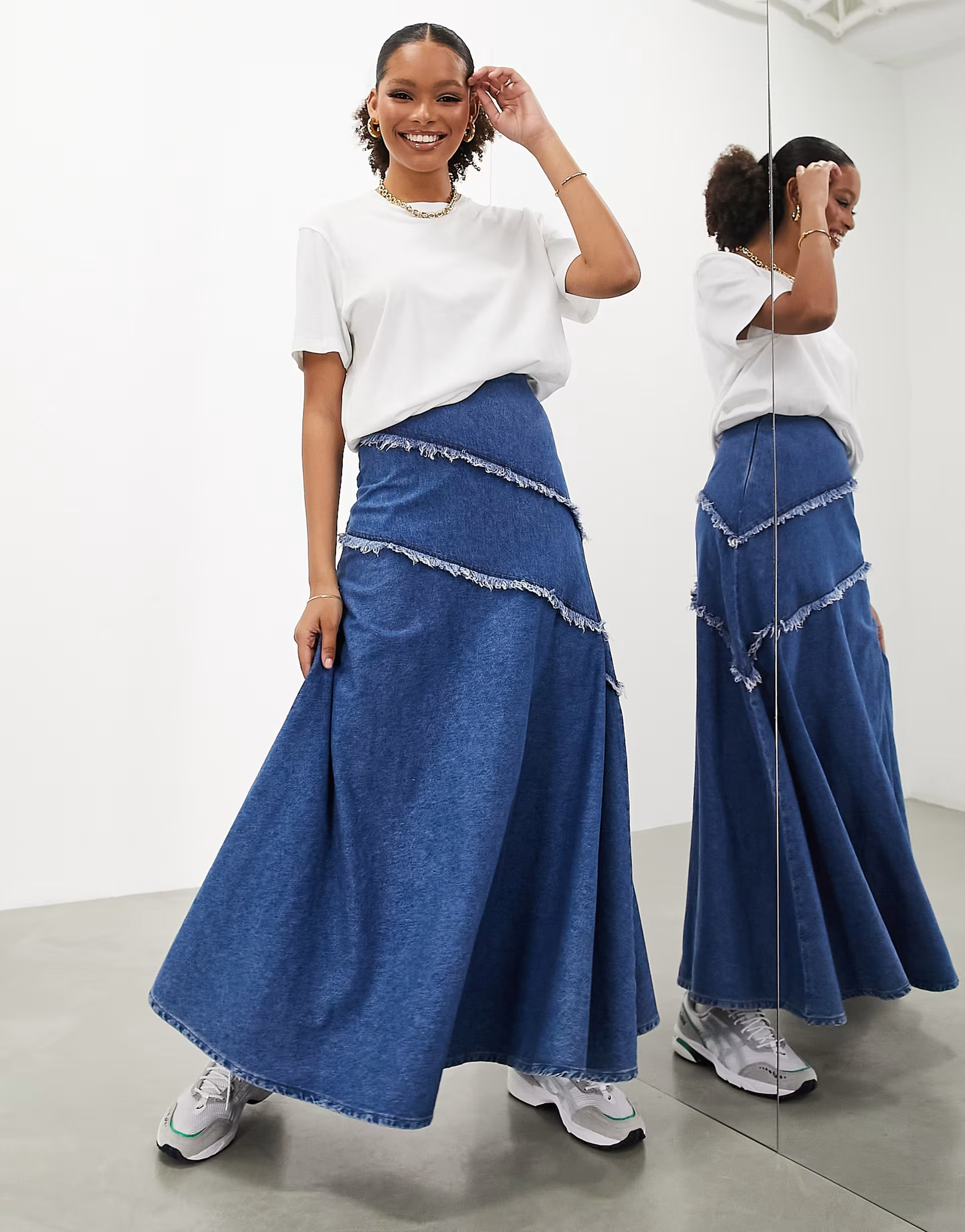 ASOS EDITION denim a-line maxi skirt with frayed detail in blue | ASOS (Global)