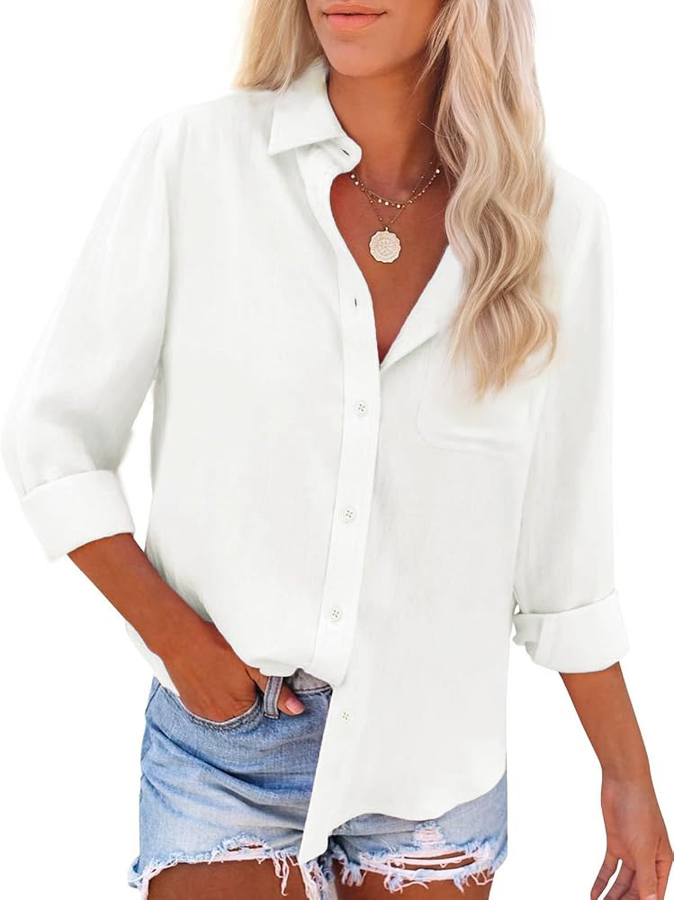 Womens Cotton Button Down Shirt Long Sleeve Casual Blouse with Pocket | Amazon (US)