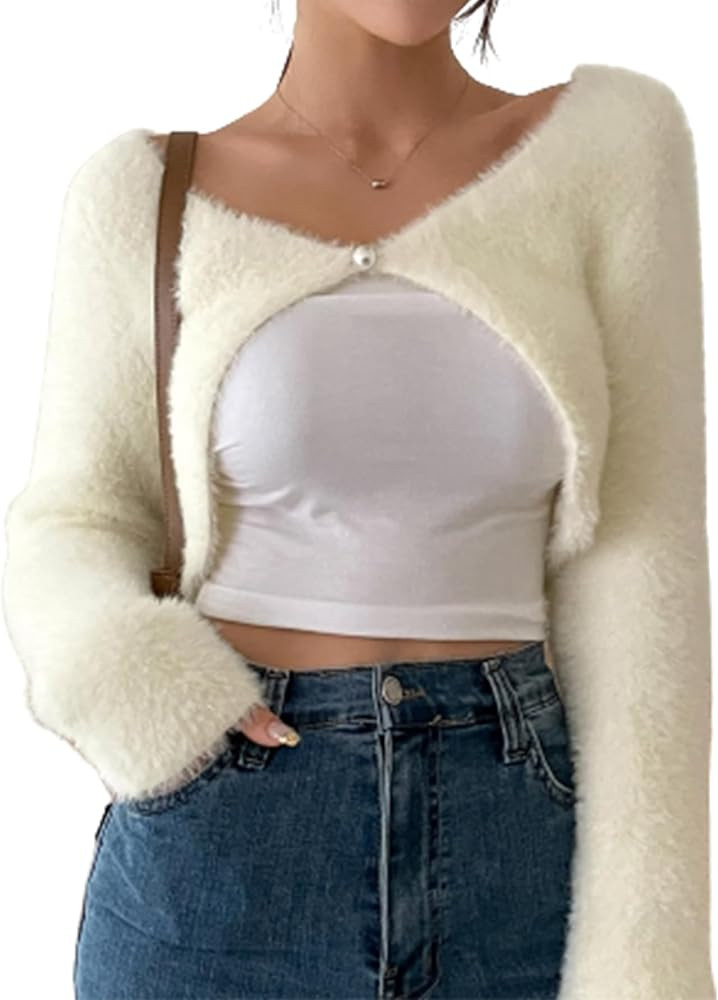 Verdusa Women's Asymmetrical Long Sleeve V Neck Fuzzy Crop Cardigan Bolero | Amazon (US)
