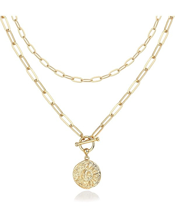 PAVOI 14K Gold Plated Layering Necklaces | Stylish Minimalist Design Pendant Necklaces | Bar, Cir... | Amazon (US)