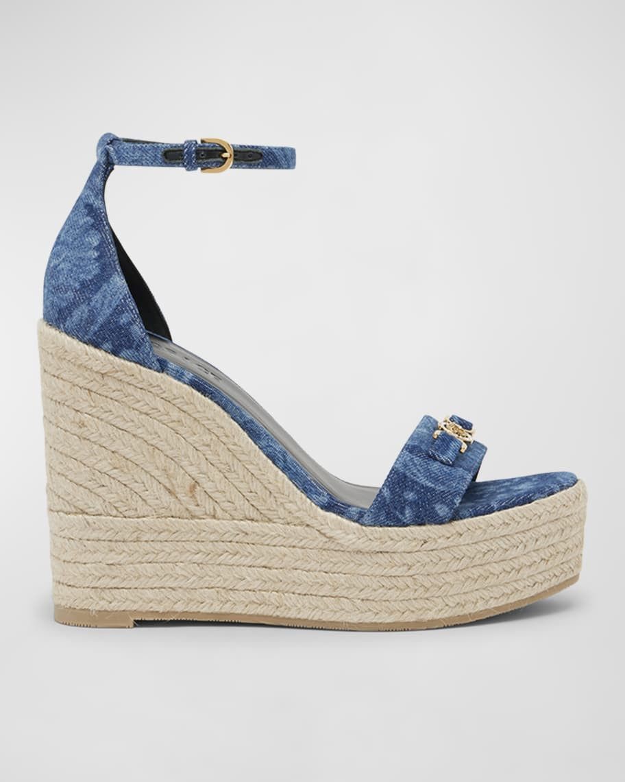 Versace Medusa Denim Ankle-Strap Wedge Espadrilles | Neiman Marcus