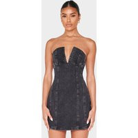 Black Plunge Detail Strapless Denim Mini Dress | PrettyLittleThing US