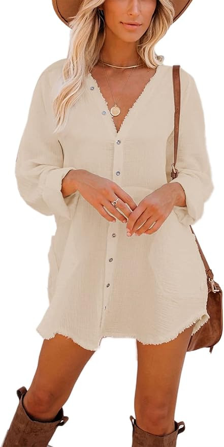 iGENJUN Women's Long Sleeve Beach Cover-ups Button Down Oversized Tunic Dress Shirt Boho Dresses ... | Amazon (US)