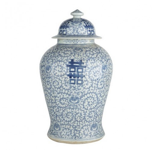 Blue and White Double Happiness Floral Temple Jar | Belle and June