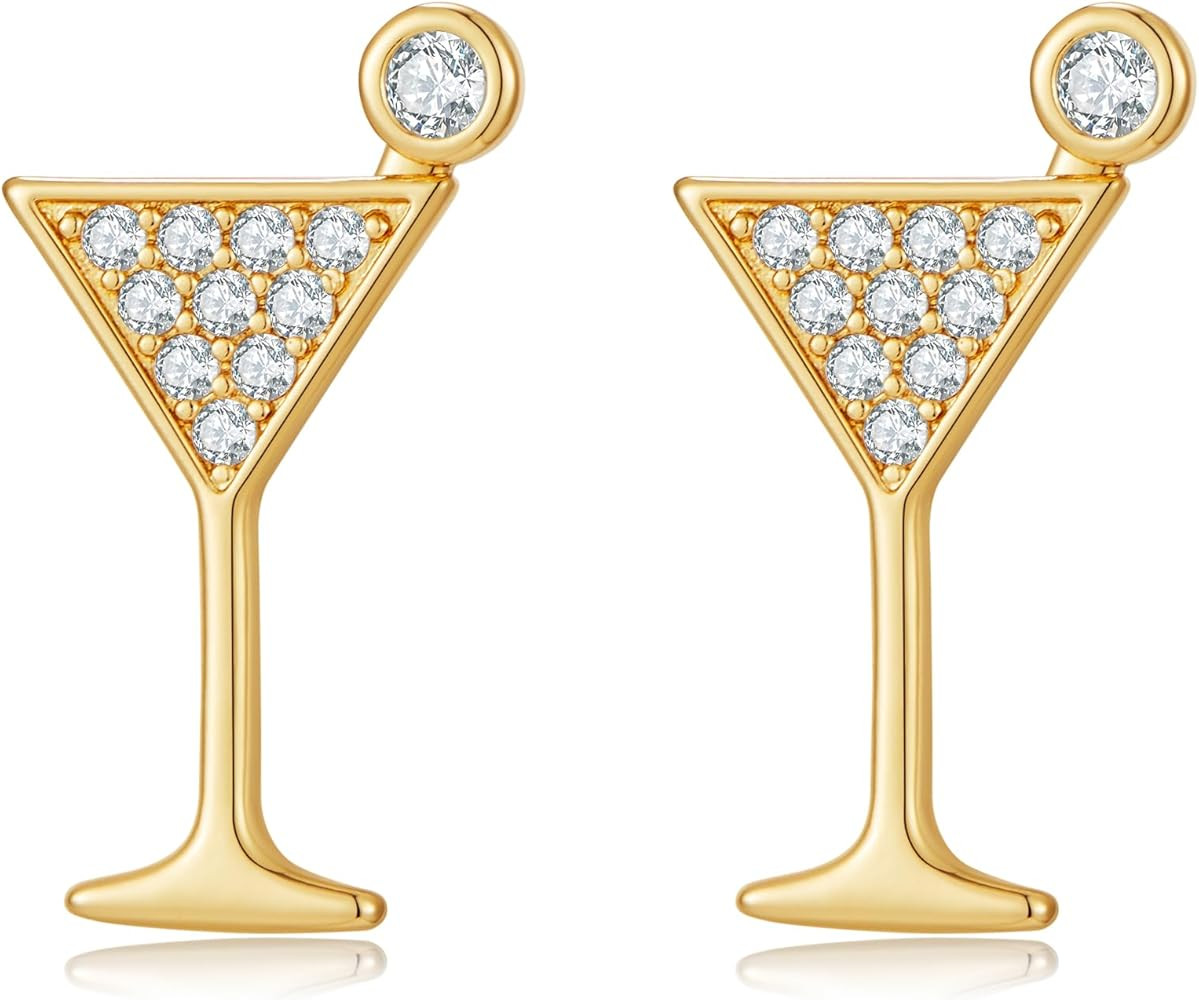 18K Gold Plated Martini Cocktail Stud Earrings with Zircon Accents Dainty Delicate Glamorous Crys... | Amazon (US)