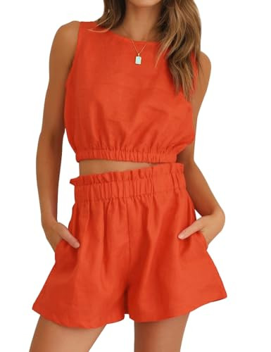 FANCYINN Women Summer 2 Piece Short Sets Sleeveless Round Neck Crop Top Tank Elastic Waistband Casual Shorts Solid Outfits With Pocket Orange M | Amazon (US)